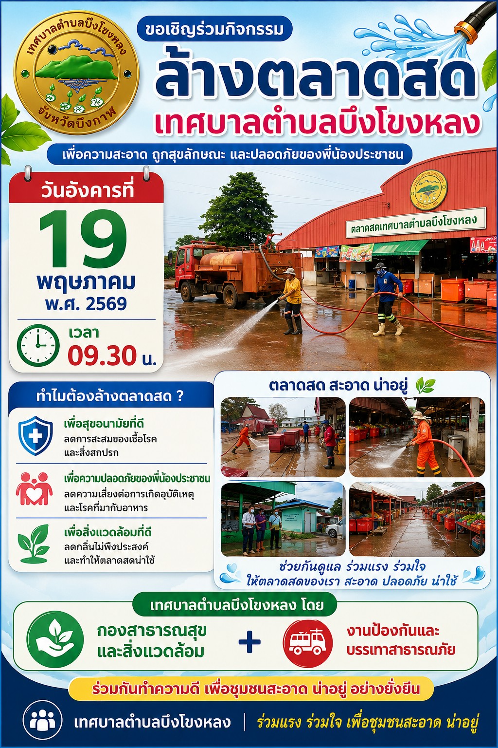 เทศบาลตำบลบึงโขงหลง ลงพื้นที่ฉีดล้างทำความสะอาด (Big Cleaning) ตลาดสดและตลาดพาแลง